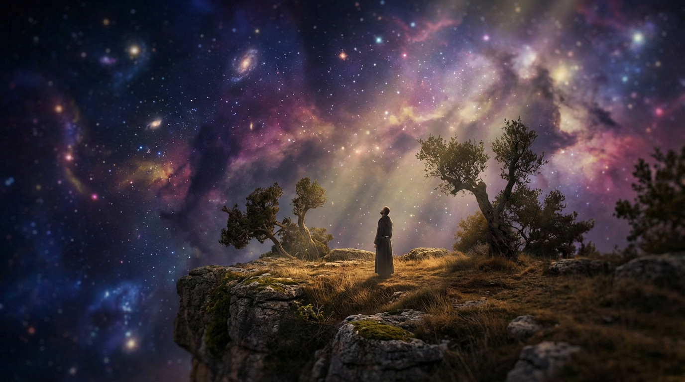 Une silhouette contemplant l'univers étoilé.