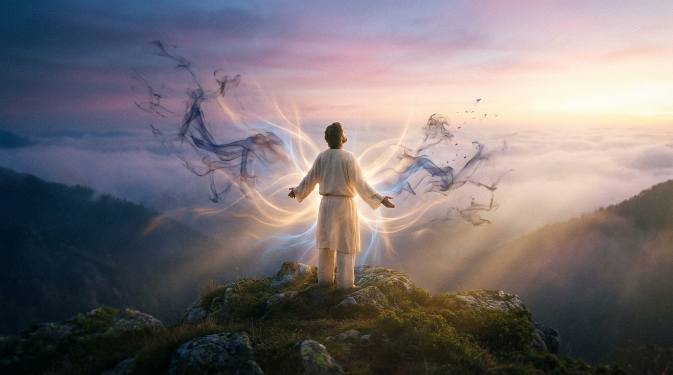 Figure on mountain peak, dark wisps dissipate as golden and blue light radiates, symbolizing energetic liberation and inner peace.
