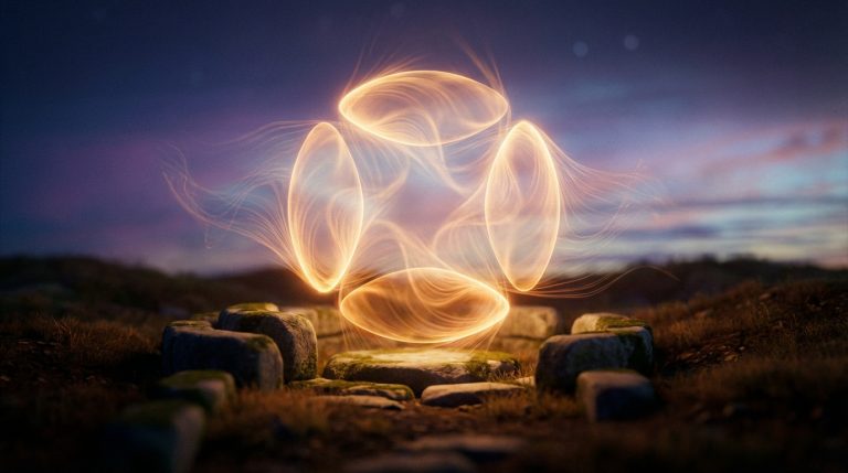 Un portail énergétique lumineux composé de formes ovales brillantes, ancré sur des pierres moussues dans un paysage crépusculaire.
