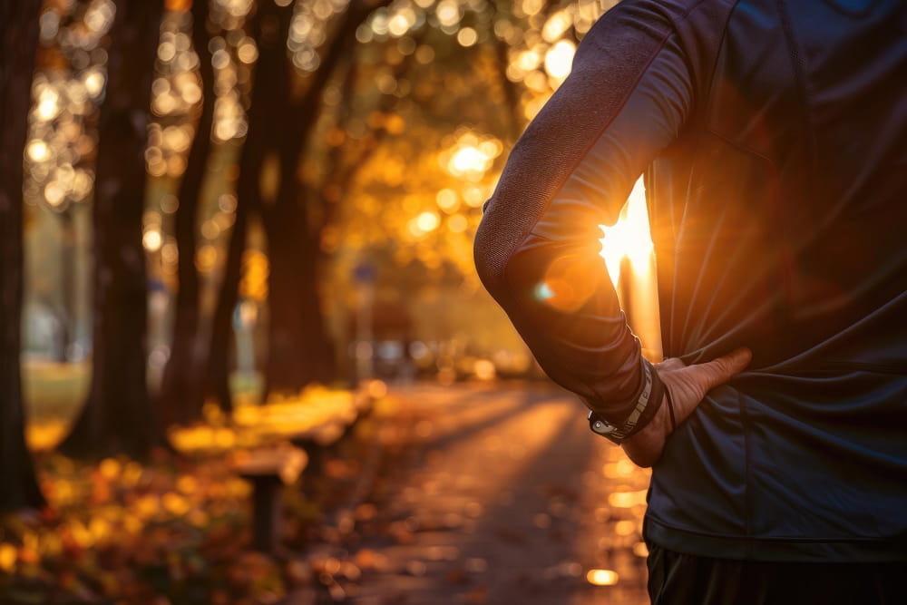 Homme marchant au coucher du soleil.