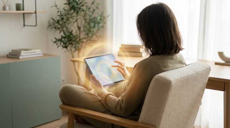 Une personne assise dans un fauteuil utilise une tablette affichant un mandala lumineux avec une aura dorée.