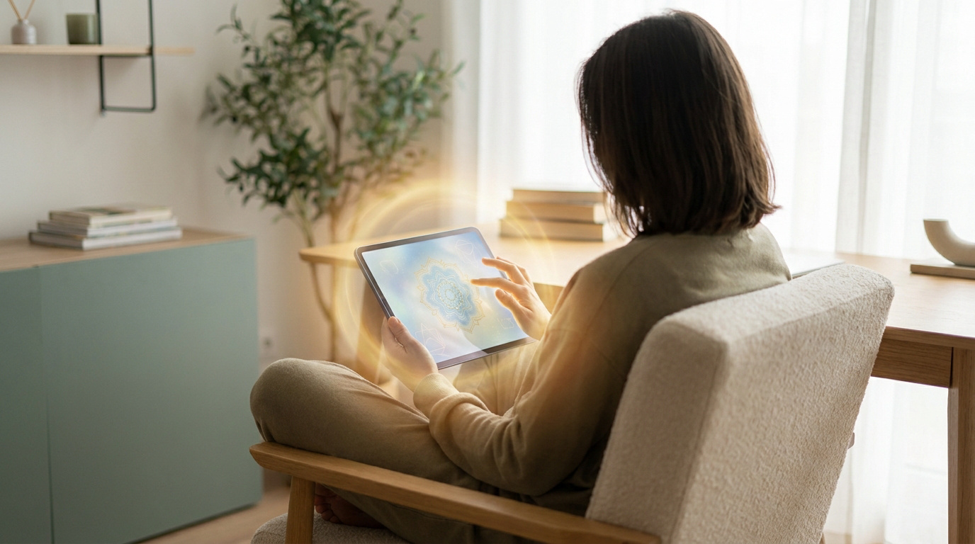 Une personne assise dans un fauteuil utilise une tablette affichant un mandala lumineux avec une aura dorée.