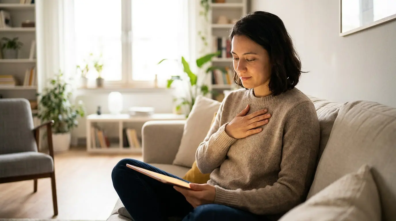 Une femme assise sur un canapé, une main sur la poitrine, regardant une tablette numérique.
