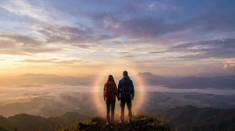 Un couple de randonneurs se tient par la main au sommet d'une montagne, entouré d'une aura lumineuse dorée au lever du jour.