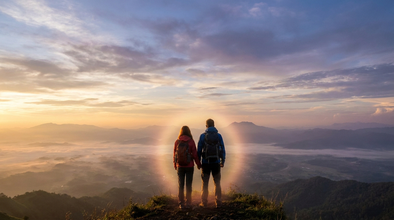 Un couple de randonneurs se tient par la main au sommet d'une montagne, entouré d'une aura lumineuse dorée au lever du jour.