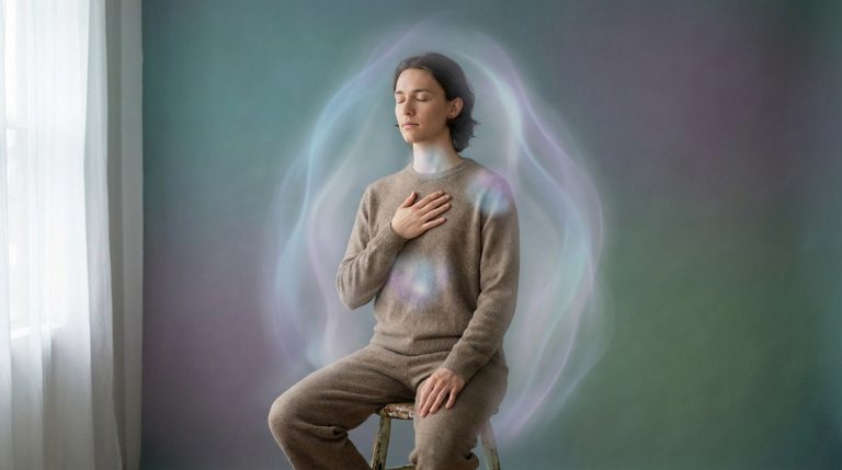 Personne en méditation avec une aura lumineuse autour du corps sur fond coloré.
