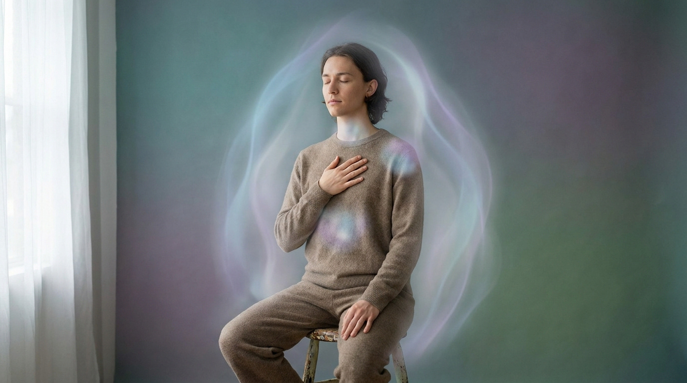 Personne en méditation avec une aura lumineuse autour du corps sur fond coloré.