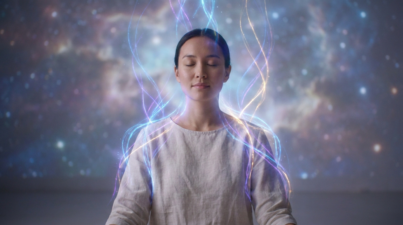 Une femme méditant avec des flux d'énergie lumineuse autour d'elle sur un fond de nébuleuse spatiale.
