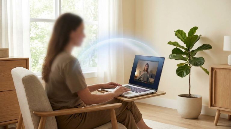Une femme assise dans un salon devant un ordinateur portable, avec un halo lumineux symbolisant une connexion énergétique.