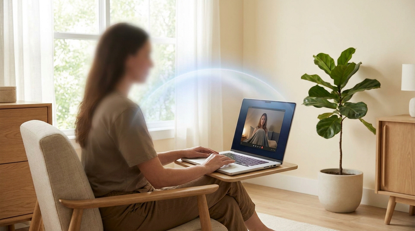 Une femme assise dans un salon devant un ordinateur portable, avec un halo lumineux symbolisant une connexion énergétique.