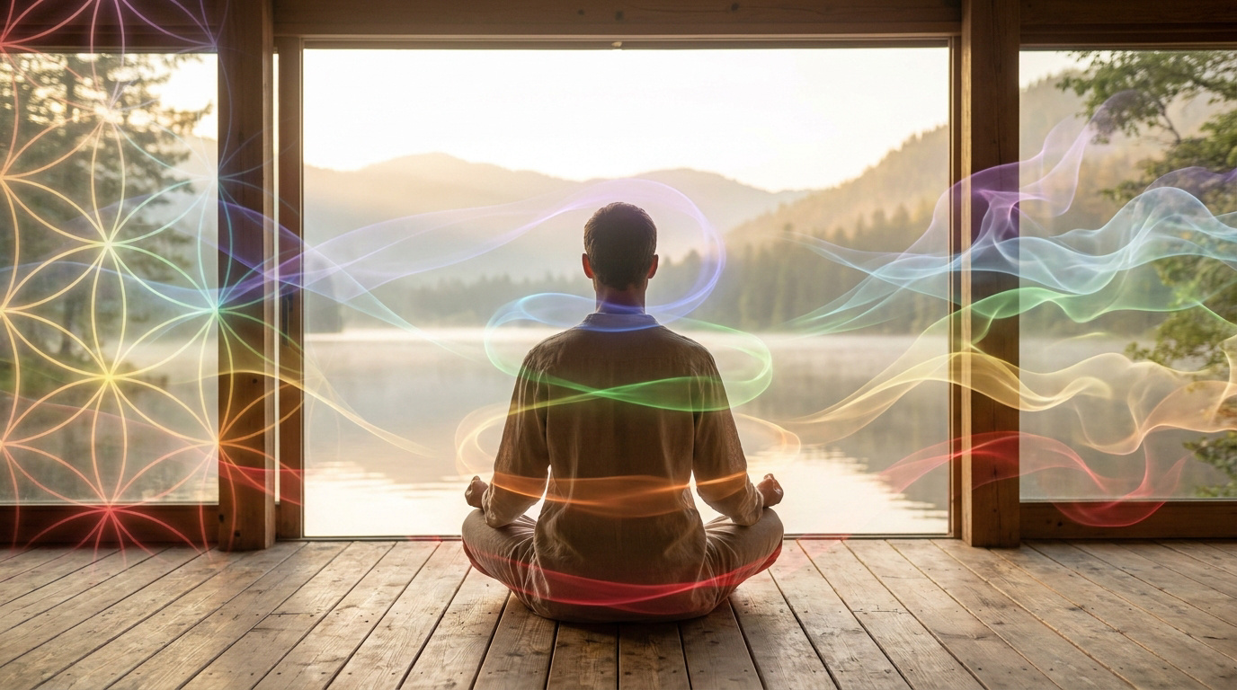 Une personne en position de lotus devant un lac, entourée d'ondes colorées et du symbole de la fleur de vie.