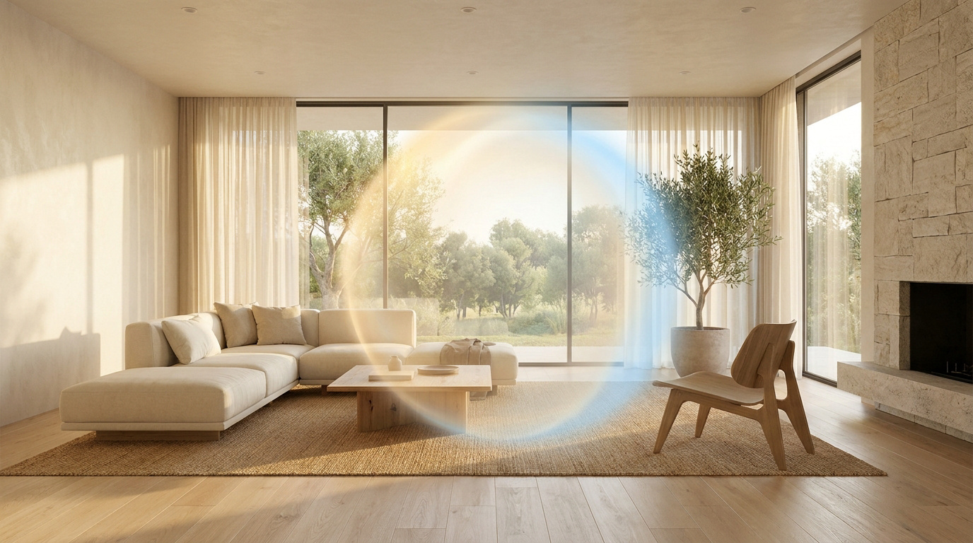 Salon lumineux et moderne avec un cercle de lumière colorée symbolisant une purification énergétique.