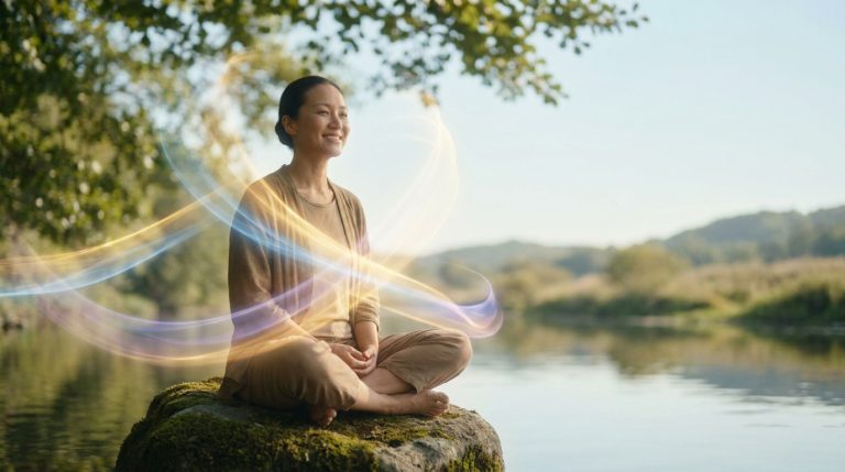 Femme sereine en méditation sur un rocher au bord d'une rivière, entourée d'ondes énergétiques lumineuses et apaisantes.
