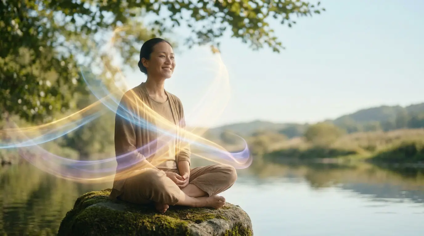 Femme sereine en méditation sur un rocher au bord d'une rivière, entourée d'ondes énergétiques lumineuses et apaisantes.