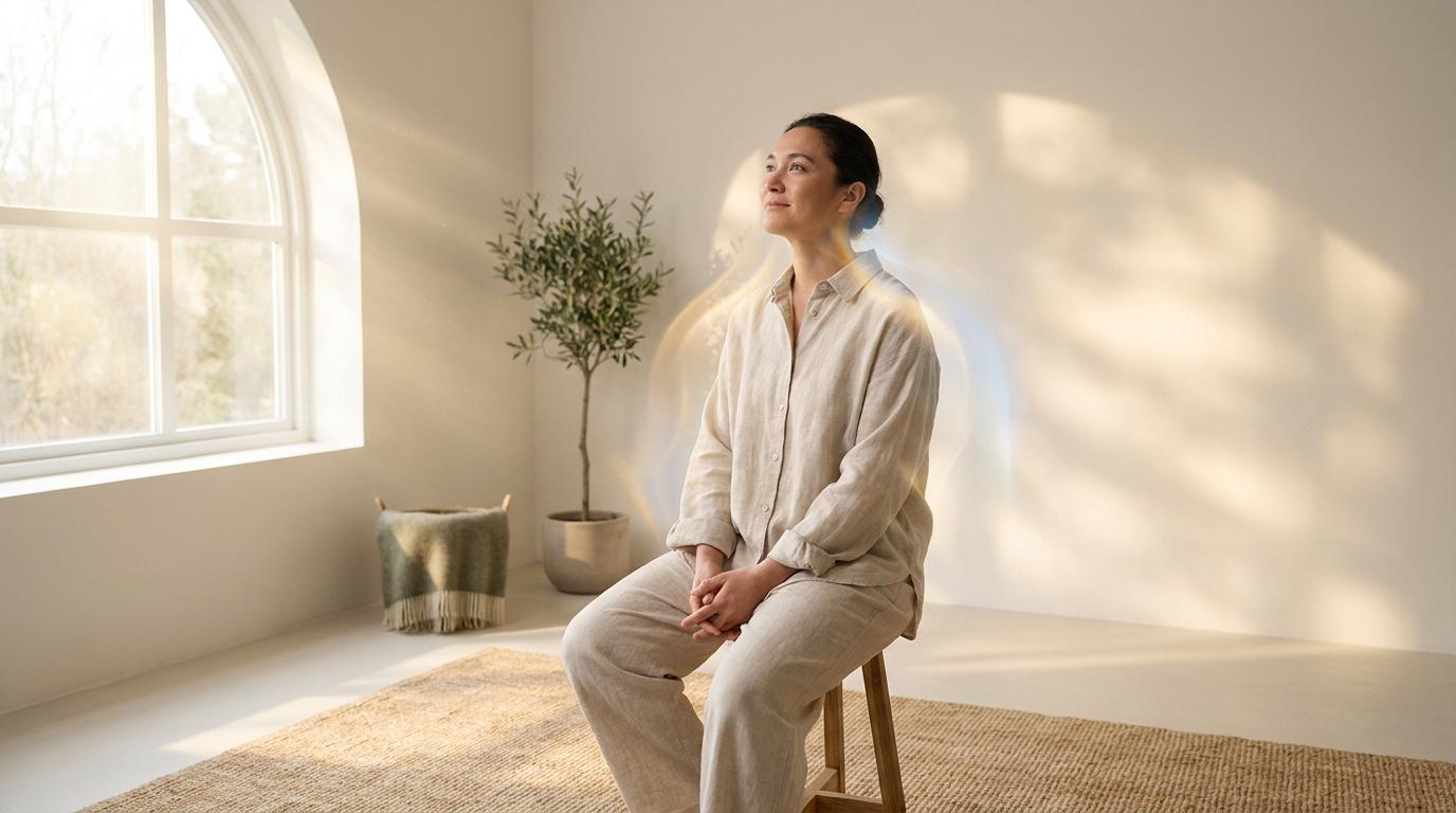 Une femme sereine assise sur un tabouret dans une pièce lumineuse, entourée d'une légère aura lumineuse évoquant le soin.