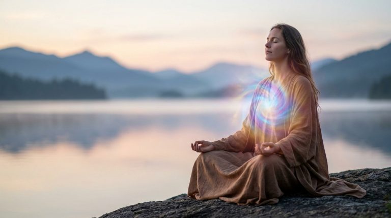 Une femme méditant paisiblement au bord d'un lac avec une spirale d'énergie lumineuse émanant de sa poitrine.