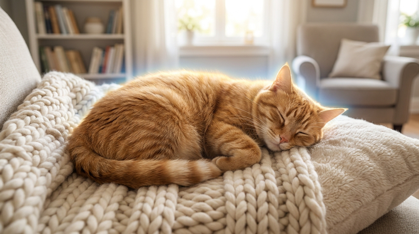 Un chat roux dort paisiblement sur un plaid en laine clair avec une aura lumineuse douce autour de lui.