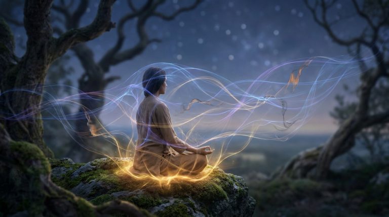 Une personne médite sur un rocher, entourée de volutes de lumière colorée et mystique dans une forêt sous les étoiles.