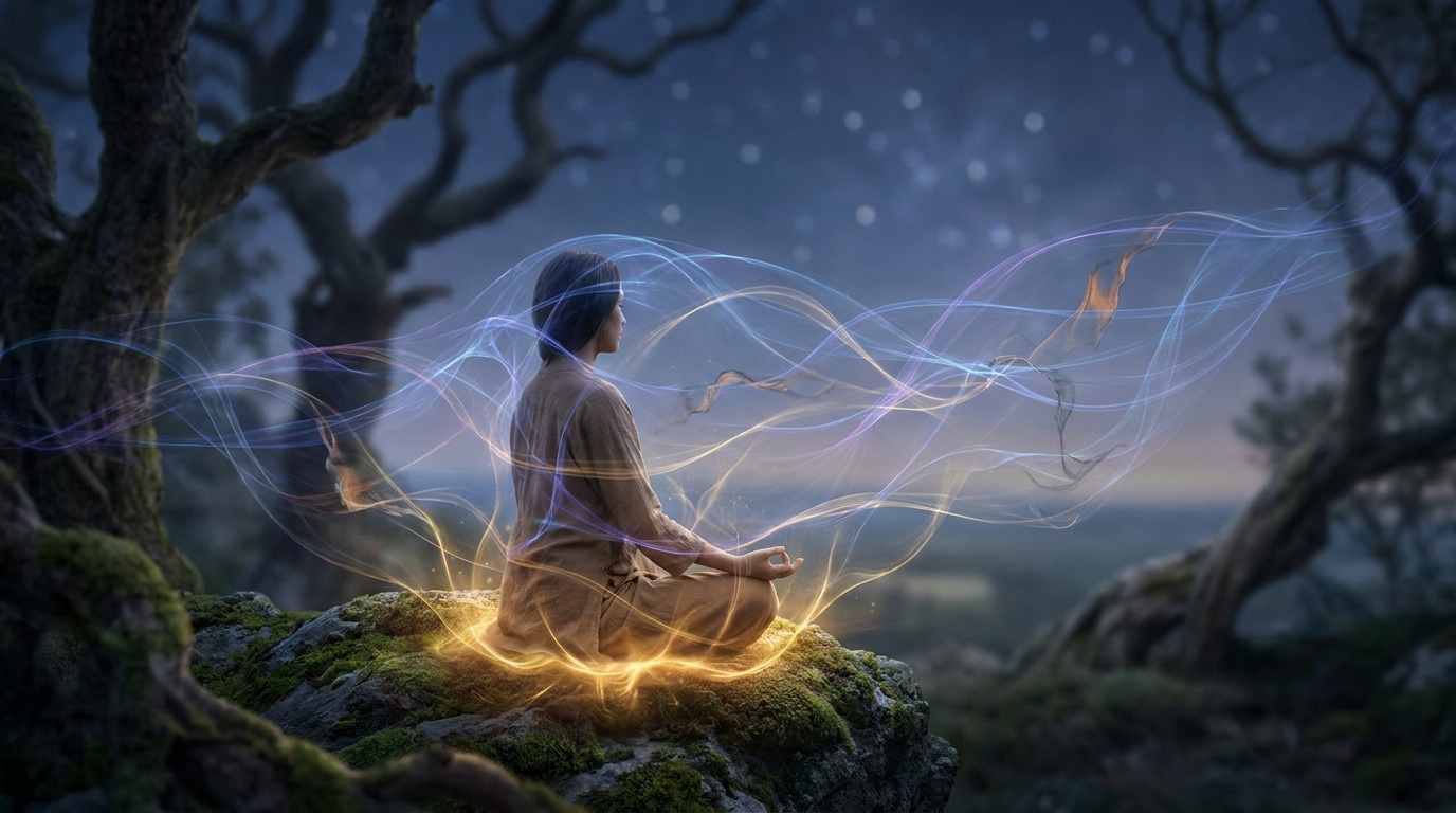 Une personne médite sur un rocher, entourée de volutes de lumière colorée et mystique dans une forêt sous les étoiles.