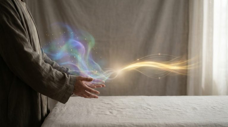 Mains d'un praticien dégageant des volutes de lumière colorée et dorée symbolisant l'énergie curative.