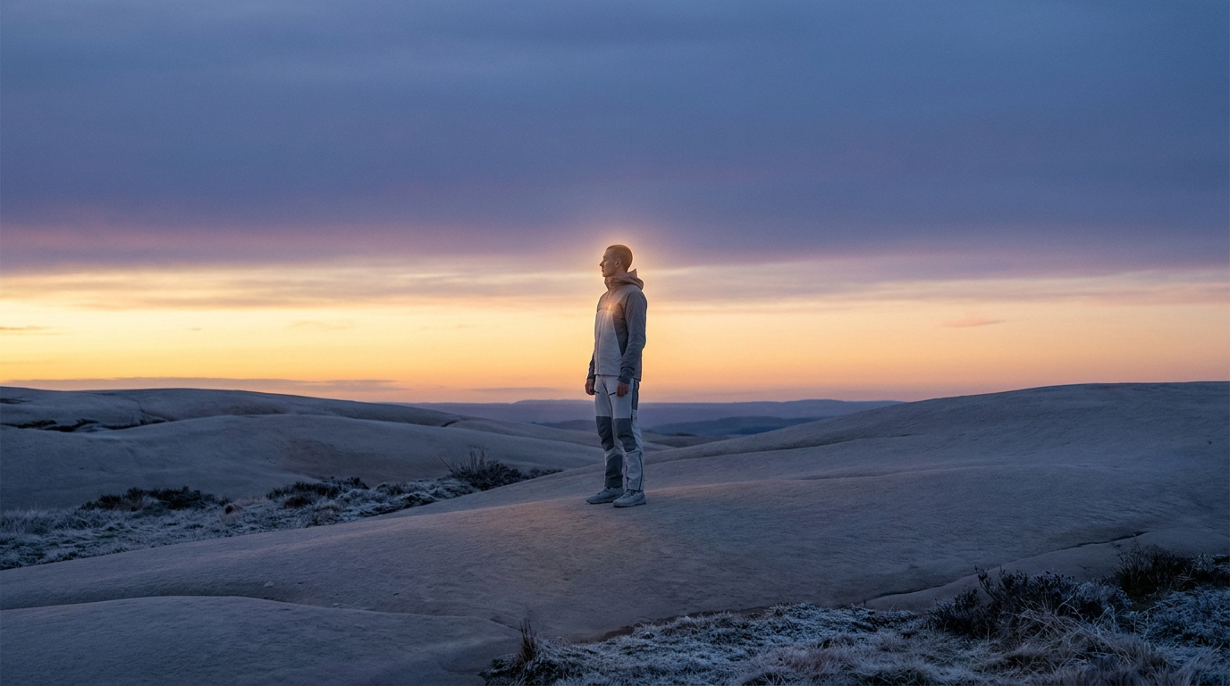 Un homme debout, éclairé par une lueur mystique au coucher du soleil dans un paysage désertique et givré.