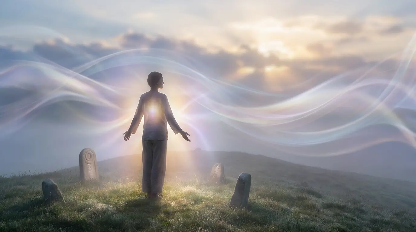Une personne debout sur une colline au lever du soleil, entourée de volutes de lumière et de pierres anciennes.