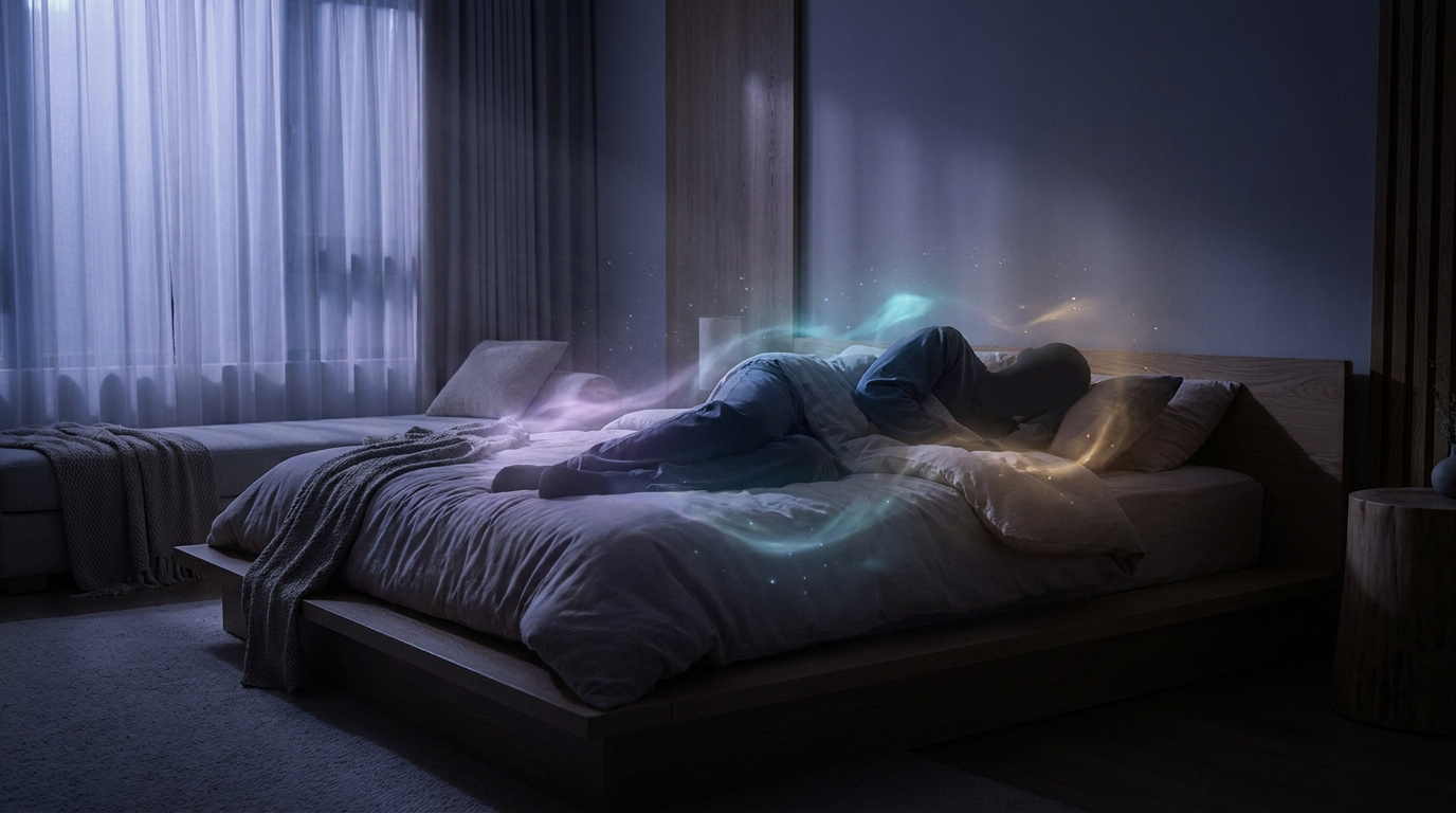 Personne dormant paisiblement dans un lit, entourée d'une aura lumineuse et bienveillante représentant l'énergie.