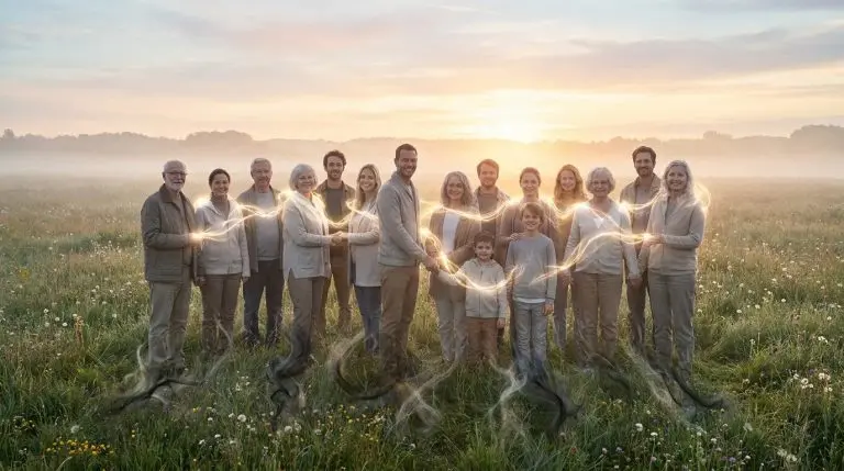 Une grande famille dans un champ au coucher du soleil, reliée par un flux de lumière dorée symbolisant la guérison.