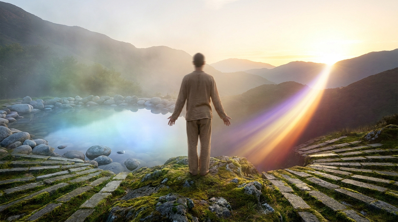 Une personne debout face à un étang naturel dans les montagnes, baignée par un rayon de lumière mystique au lever du soleil.