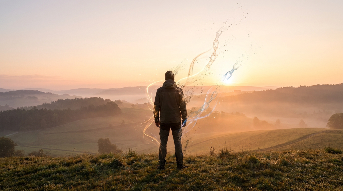 Un homme debout sur une colline au lever du soleil voit des chaînes énergétiques se briser et se dissiper autour de lui.
