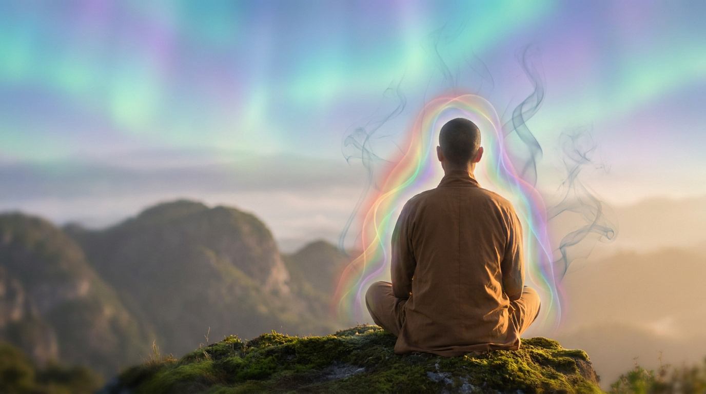 Une personne en méditation avec une aura colorée sur un sommet montagneux au lever du soleil.