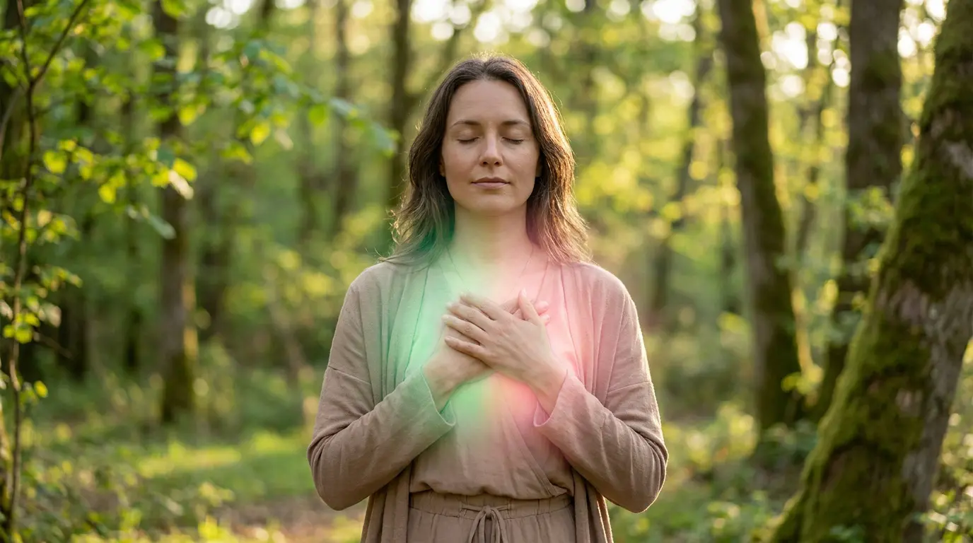 Une femme médite en forêt avec une lueur verte et rose au niveau de la poitrine symbolisant le chakra du cœur.