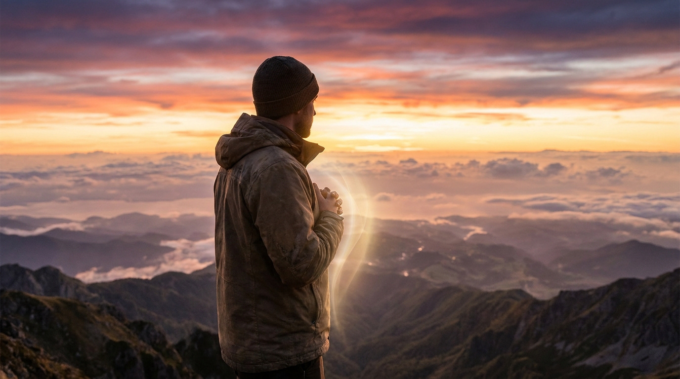 Un homme en bonnet et veste regarde un coucher de soleil au-dessus des nuages avec une lueur mystique sur la poitrine.