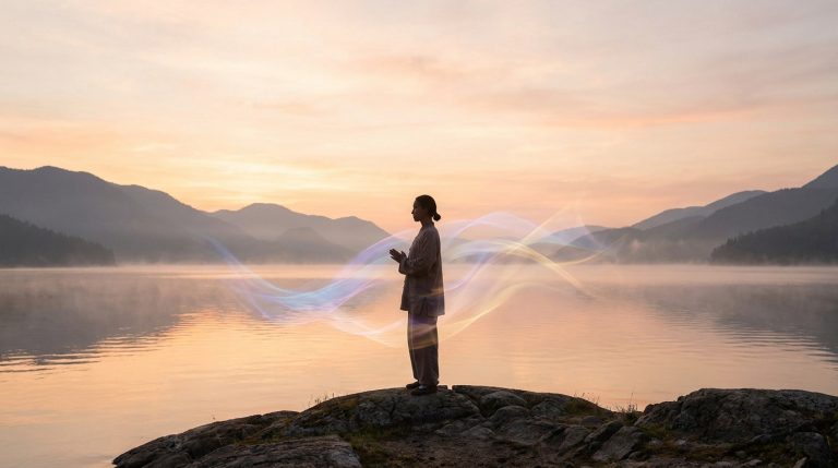 Silhouette d'une personne méditant au bord d'un lac entourée d'ondes lumineuses au coucher du soleil.