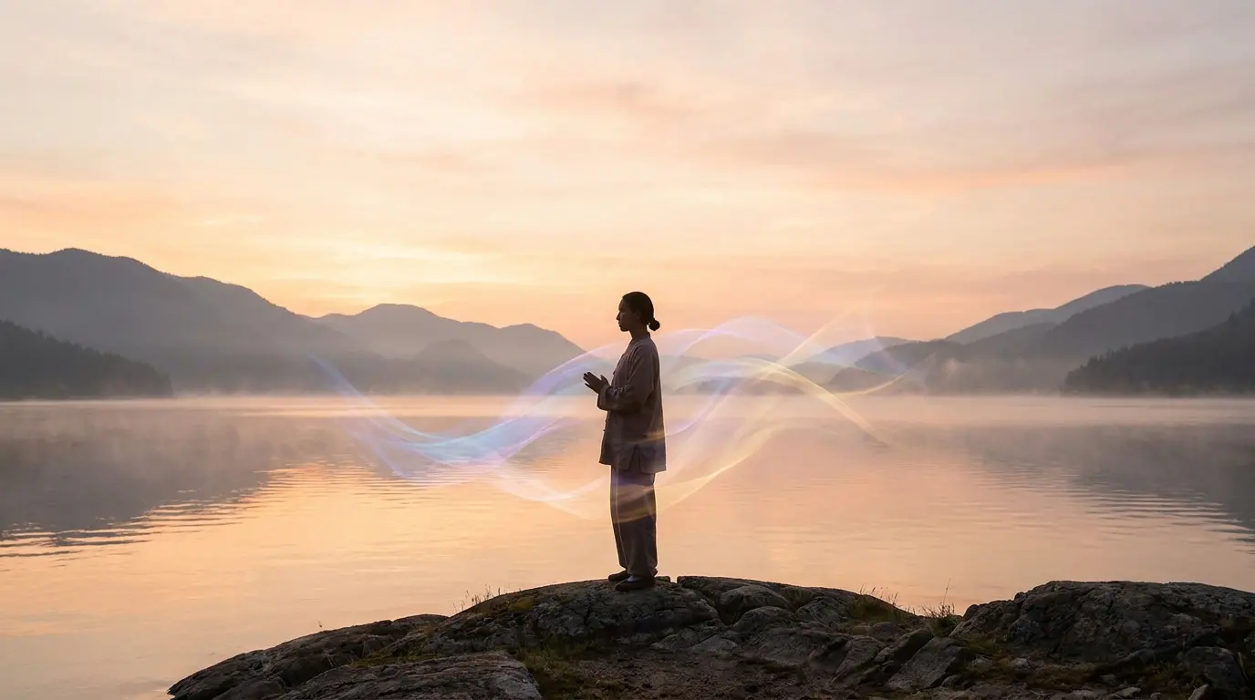 Silhouette d'une personne méditant au bord d'un lac entourée d'ondes lumineuses au coucher du soleil.
