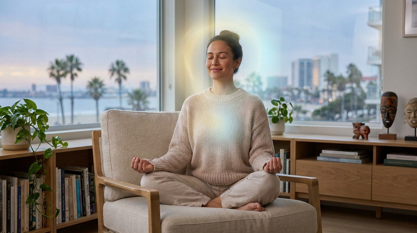 Une femme méditant dans un fauteuil avec une aura lumineuse autour de sa tête et de sa poitrine.