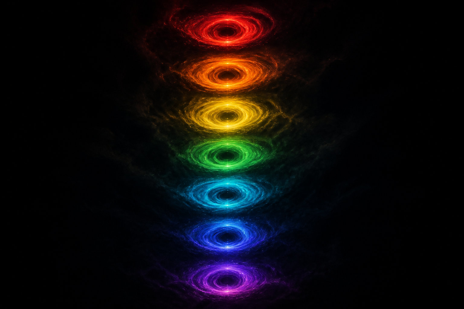 Sept vortex d'énergie colorée symbolisant l'élévation des capacités énergétiques et spirituelles