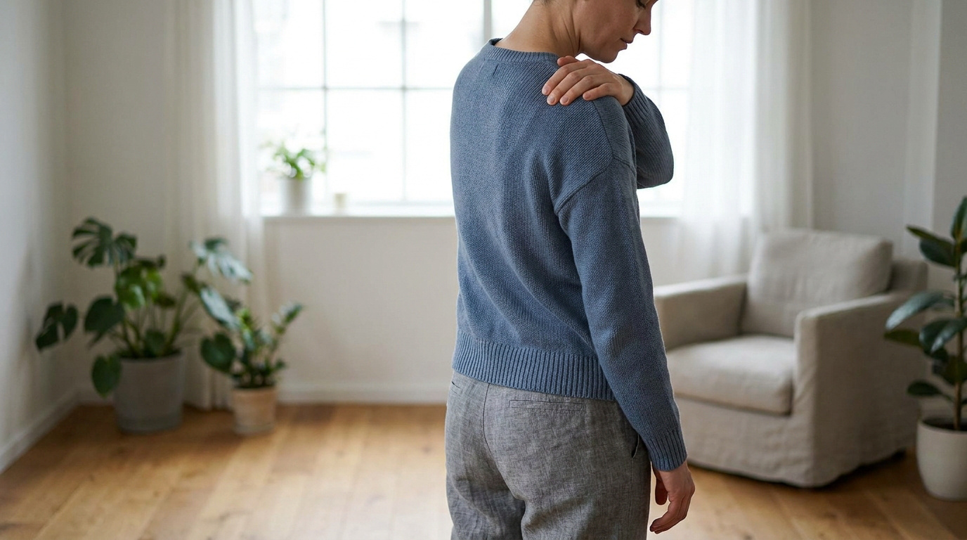 Une femme debout dans un intérieur lumineux se tient l'épaule, exprimant une douleur ou une gêne physique.