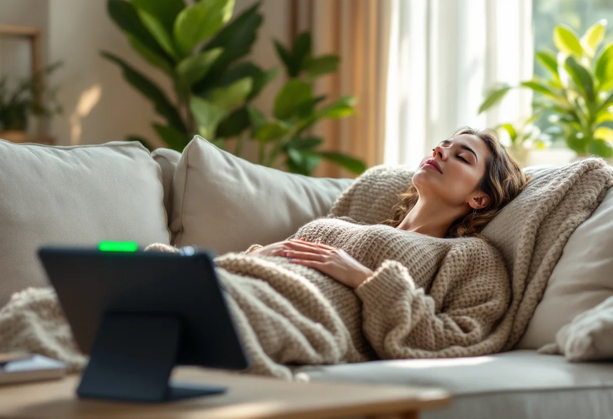 Femme allongée les yeux fermés sur un canapé chez elle, une tablette posée sur un support tournée vers elle sur la table basse