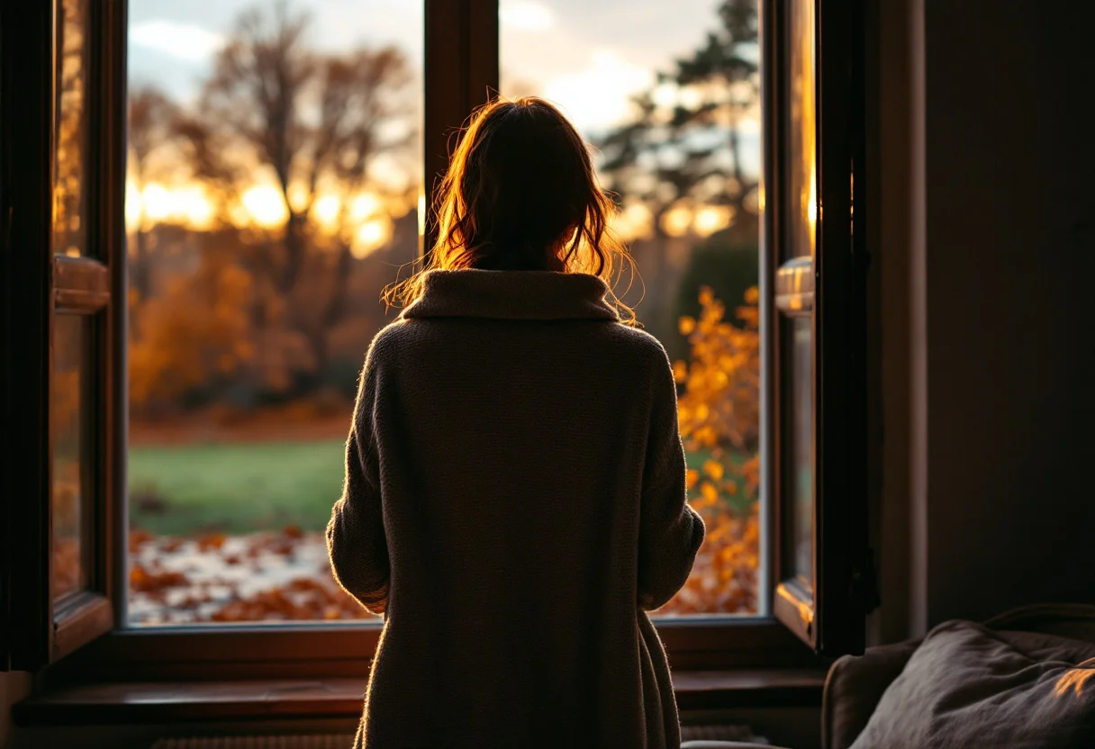 Femme de dos à la fenêtre regardant le soleil d'automne se coucher derrière des arbres roux