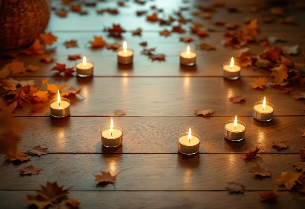 Cercle de dix bougies allumées sur un plancher en bois parmi des feuilles d'automne, symbole du portail 10/10