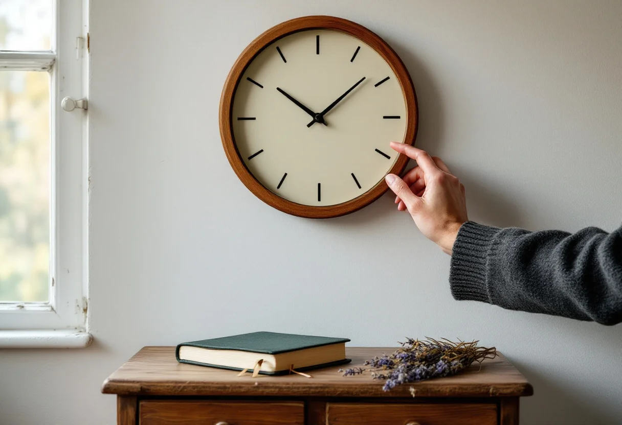 Main reculant l'aiguille d'une horloge en bois au-dessus d'un carnet fermé posé sur une commode