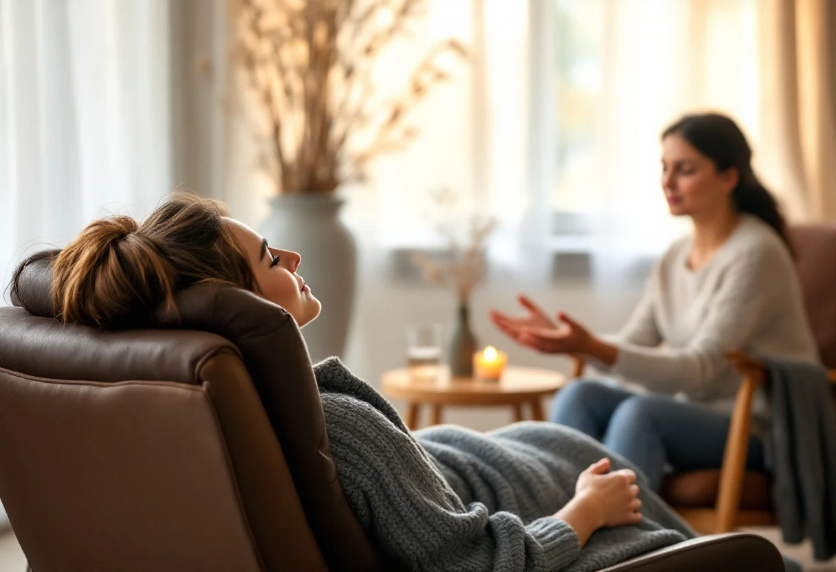 Séance d'hypnose de régression : femme allongée les yeux clos, guidée par une praticienne