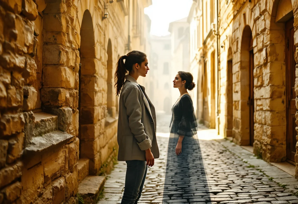 Femme dans une ruelle ancienne face à une silhouette translucide d'elle-même en robe d'époque