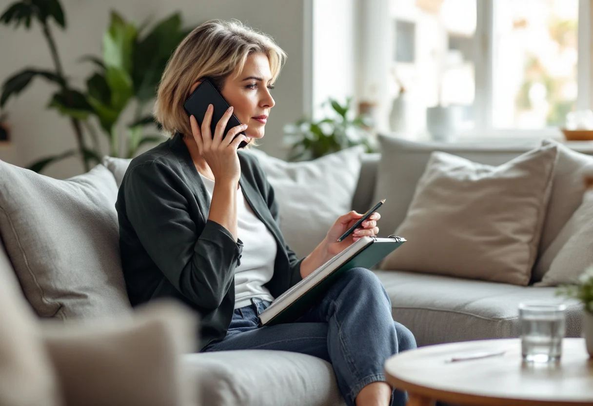 Femme au téléphone avec un praticien, son carnet de questions sur les genoux